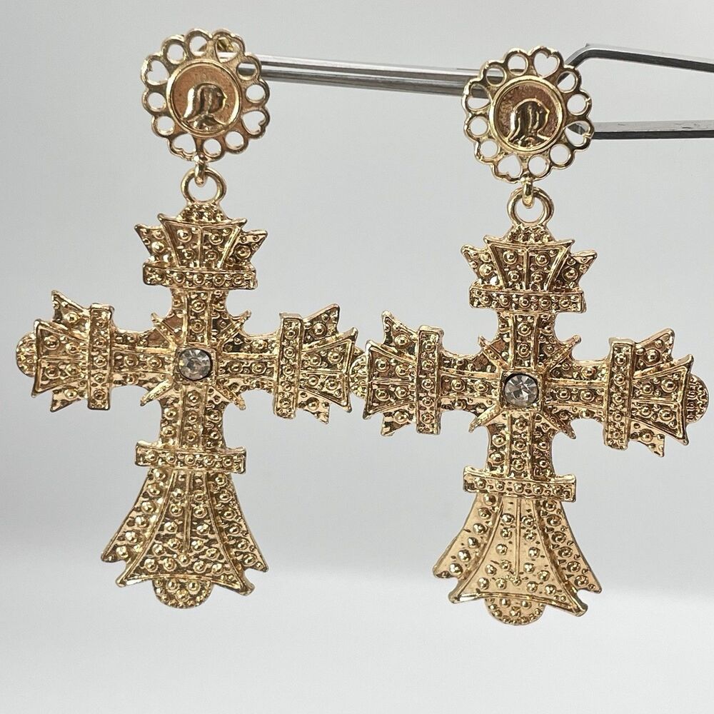 Chunky Statement Gold Tone Cross Dangle Earrings Rhinestone Gothic Religious